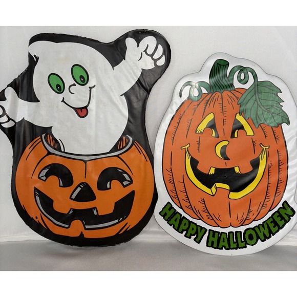 Vintage Pumpkin Ghost Halloween Vinyl Outdoor Yard Sign RARE No Stake - Picture 1 of 7